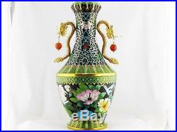 VINTAGE CHINESE CLOISONNE VASE With GOLD VERMEIL & DRAGON HANDLES, HAND DONE