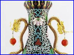 VINTAGE CHINESE CLOISONNE VASE With GOLD VERMEIL & DRAGON HANDLES, HAND DONE