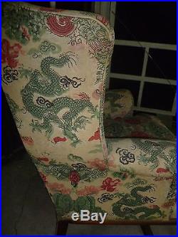 VINTAGE CHINESE DRAGON wingback upholstered Asian CHAIR mid century antique