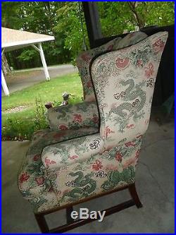 VINTAGE CHINESE DRAGON wingback upholstered Asian CHAIR mid century antique