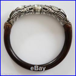 Vtg Antique Chinese Wood & Sterling Silver Repousse Dragon Bangle Bracelet