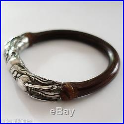 Vtg Antique Chinese Wood & Sterling Silver Repousse Dragon Bangle Bracelet