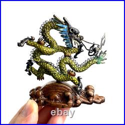 VTG Chinese Cloisonne Silver Filigree Enameled Dragon Sculpture Green