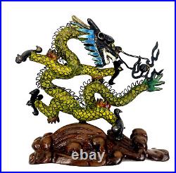 VTG Chinese Cloisonne Silver Filigree Enameled Dragon Sculpture Green