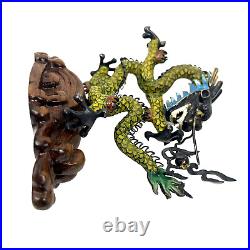 VTG Chinese Cloisonne Silver Filigree Enameled Dragon Sculpture Green