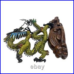 VTG Chinese Cloisonne Silver Filigree Enameled Dragon Sculpture Green