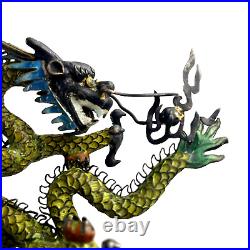 VTG Chinese Cloisonne Silver Filigree Enameled Dragon Sculpture Green