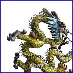 VTG Chinese Cloisonne Silver Filigree Enameled Dragon Sculpture Green