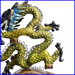 VTG Chinese Cloisonne Silver Filigree Enameled Dragon Sculpture Green