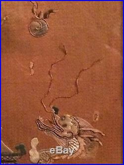 Very Fine Antique Chinese Embroidery Of Poem & Painting-Fish Transform To Dragon