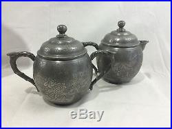 Very Nice Antique 19thC Chinese Export Huikee Swatow Pewter Tea Set with Dragons