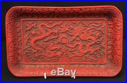 Very Rare Antique Chinese Cinnabar Tray With Dragons Signed