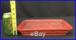Very Rare Antique Chinese Cinnabar Tray With Dragons Signed