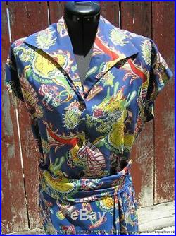 Vintage 1940s Label Royal Hawaiian Aloha Silk Chinese Dragon Print 2pc Dress