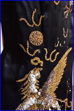 Vintage 1950s Beaded Dragon Phoenix Black Satin Chinese Qipao Cheongsam Dress