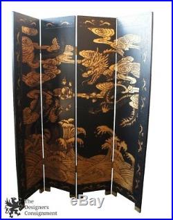 Vintage 4 Panel Chinese Dragon Screen Black Gold Lacquer Folding Room Divider