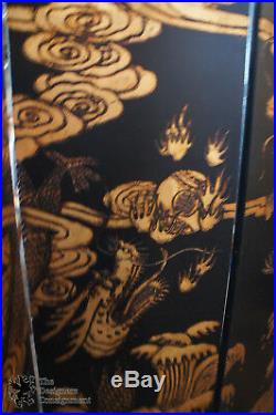Vintage 4 Panel Chinese Dragon Screen Black Gold Lacquer Folding Room Divider