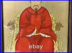 Vintage Antique Chinese Ancestral Painting Man Emperor in Dragon Chair