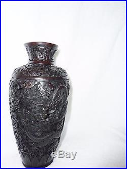 Vintage/Antique Chinese Cinnabar Laquer Carved Vase, signed with dragons