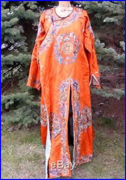 Vintage Antique Chinese Embroidered Robe Jacket Orange Silk Dragons AS IS