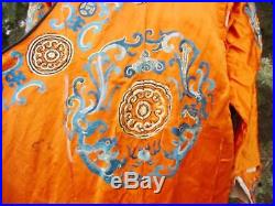 Vintage Antique Chinese Embroidered Robe Jacket Orange Silk Dragons AS IS