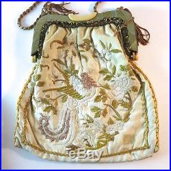 Vintage Antique Chinese Purse Embroidered Dragons Flowers on Silk