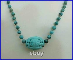 Vintage Antique Chinese Shou Dragon Carved Natur Turquoise Beads Necklace 22