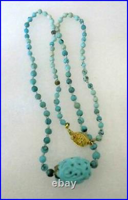 Vintage Antique Chinese Shou Dragon Carved Natur Turquoise Beads Necklace 22