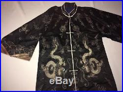 Vintage Antique Silk Asian Chinese Kimono w Embroidered Dragon ROBE Nice