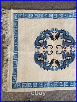 Vintage Art Deco Chinese Rug with 8 Dragon Design Blue and White Approx 5' x 3