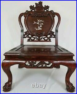 Vintage Asian Carved Rosewood Foo Dog Dragon Throne Chair MOP Inlay Chinese
