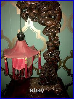 Vintage Asian Pagoda Fringe Chinese Lantern Carved Dragon Lamp