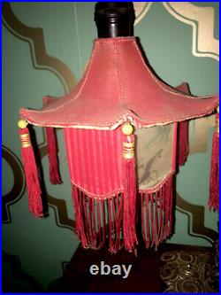 Vintage Asian Pagoda Fringe Chinese Lantern Carved Dragon Lamp