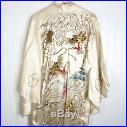 Vintage Authentic Embroidered Kimono Robe Dragons Silk Chinese Antique