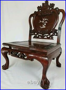 Vintage Carved Asian Rosewood Throne Chair With MOP Inlay Foo Dog Dragons