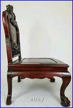 Vintage Carved Asian Rosewood Throne Chair With MOP Inlay Foo Dog Dragons