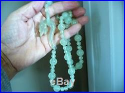 Vintage Celadon Jade Carved Dragon Clasp Bead Necklace Chinese Export Antique