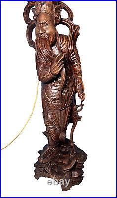 Vintage Chinese 25 Wood Carved Dragon Robe Guan Gong Guan Yu Guan Er Ye Lamp