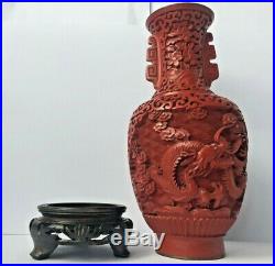 Vintage Chinese Cinnabar Lacquer Cloisonne Vase with Dragon Pattern and Wood Stand