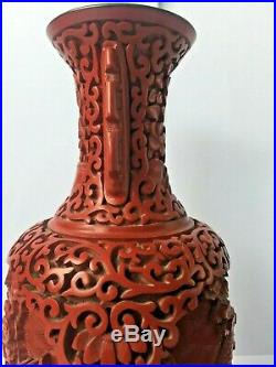 Vintage Chinese Cinnabar Lacquer Cloisonne Vase with Dragon Pattern and Wood Stand