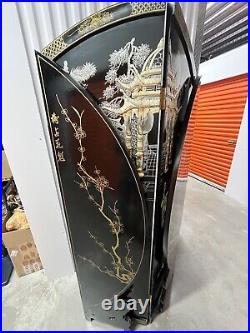 Vintage Chinese Dragon Screen Lacquer Wood Jade Mother of Pearl Room Divider