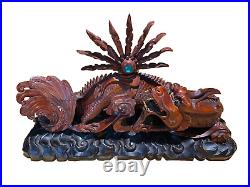Vintage Chinese Dragon on Carved wood Stand 10 H x 16 W x 4.5D