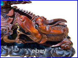 Vintage Chinese Dragon on Carved wood Stand 10 H x 16 W x 4.5D
