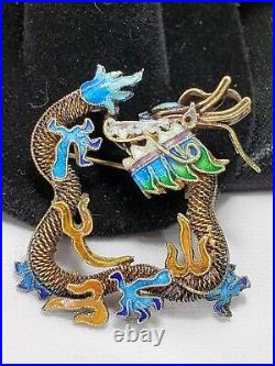 Vintage Chinese Export Cloisonne Dragon Brooch Pin