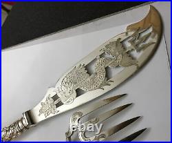 Vintage Chinese Export Silver Fish Servers Ornate Dragon Engraved Pierced