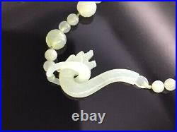 Vintage Chinese Glass Carved Bead Necklace With Dragon Head Clasp 27 Long