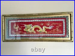 Vintage Chinese Gold Dragon on Red Silk Embroidery Tapestry, Framed, 26 x 10