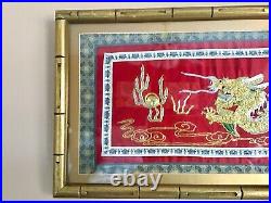 Vintage Chinese Gold Dragon on Red Silk Embroidery Tapestry, Framed, 26 x 10