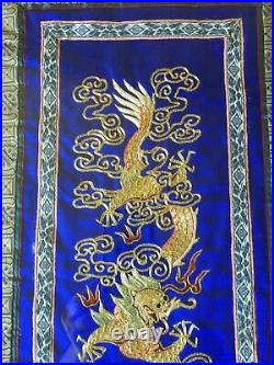Vintage Chinese Gold Dragons on Silk Embroidery Tapestry, Framed, 26 x 11 1/2