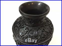 Vintage Chinese Heavy Dragon Carved Black Cinnabar Vase, 9 Tall x 4 1/2 Wide
